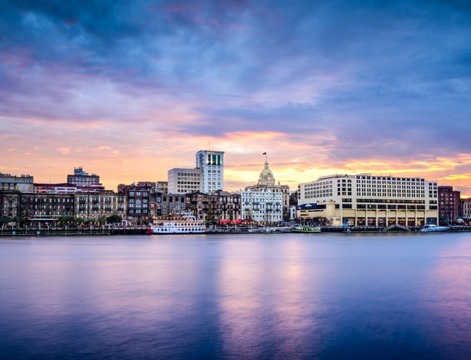 The Savannah skyline along the river in the Historic District